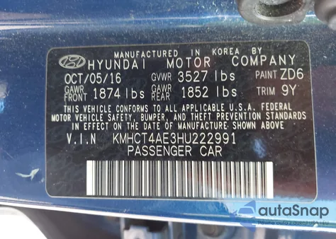2017 Hyundai Accent Se z USA, uszkodzony, nr VIN KMHCT4AE3HU222991
